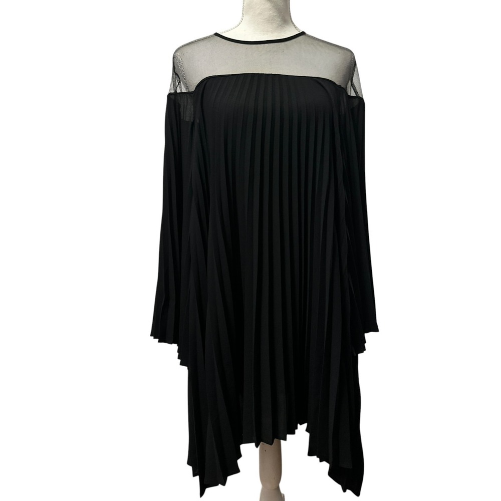 DELFI Collective Black Pleated Mesh Yoke Bell Sleeve Mini Dress XS Cocktail